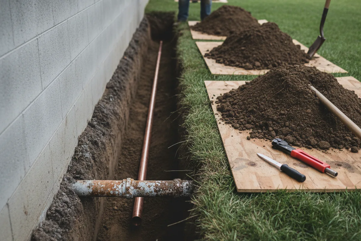 Excavated water line trench during Sewer Line Repair in Farragut